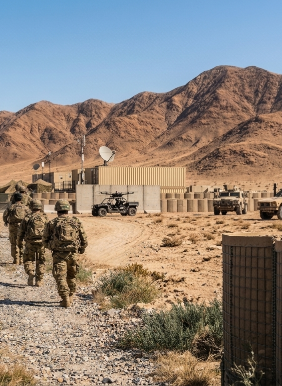 Soldiers walking at base.